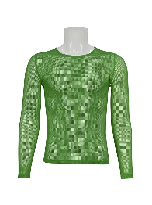 Green Elasticity High neck Long Sleeve Gothic Mesh T-shirt