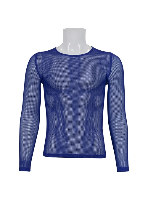 Blue Elasticity High neck Long Sleeve Gothic Mesh T-shirt