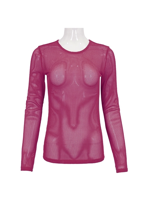 Rose Red Elasticity High neck Long Sleeve Gothic Mesh T-shirt
