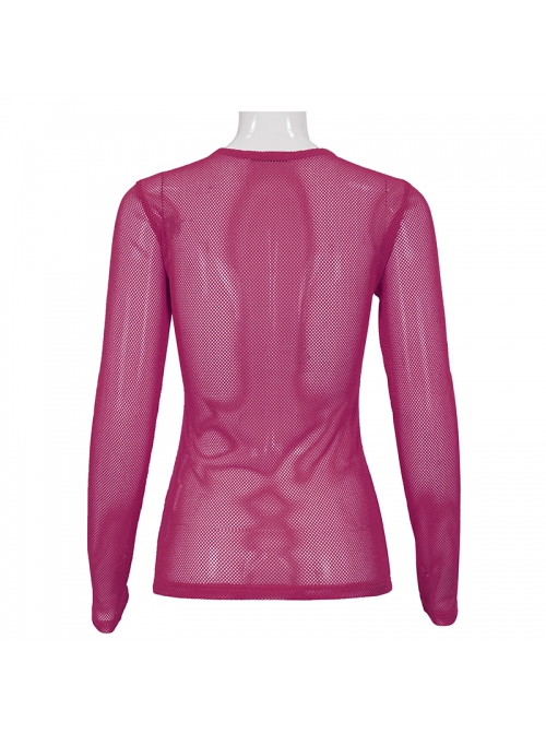 Rose Red Elasticity High neck Long Sleeve Gothic Mesh T-shirt
