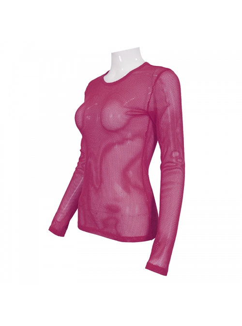Rose Red Elasticity High neck Long Sleeve Gothic Mesh T-shirt