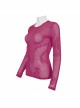 Rose Red Elasticity High neck Long Sleeve Gothic Mesh T-shirt