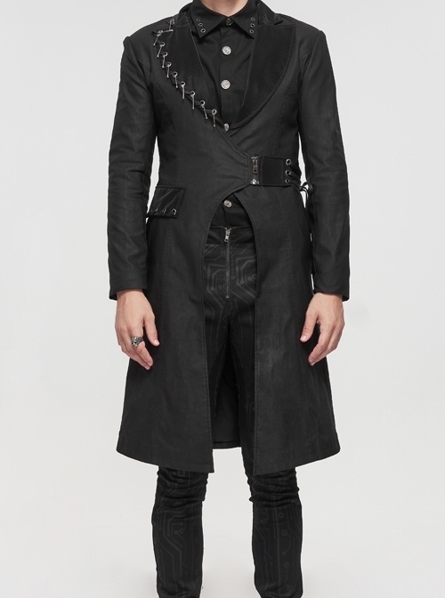Twill Imitation Leather Metal Pin Decoration Drawstring design Black Gentleman Punk Long Coat