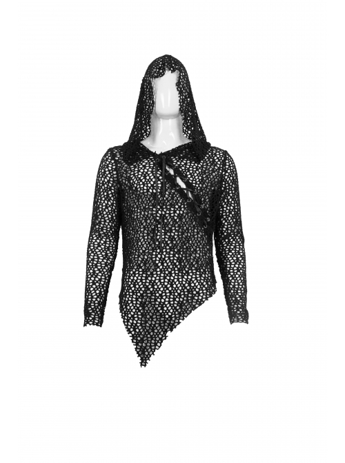 Punk Elasticity Big Hole Mesh Drawstring Design Irregular Hooded Long-Sleeve T-Shirt