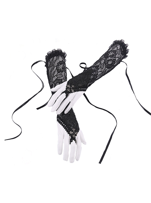 Gothic Tying Rope Design Black Lace Precious Stones Oversleeve With Wristband