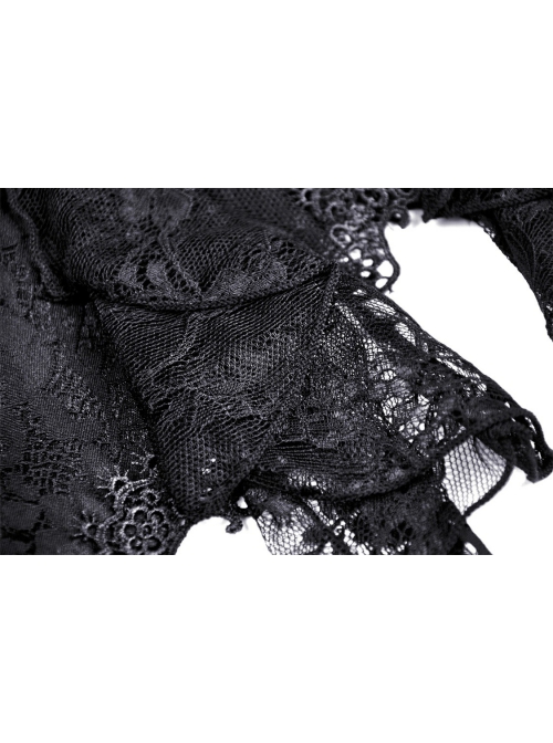 Black Gothic Retro Ruffle Neck Decorative Pattern Puff-Lace-Sleeves Brief Cape