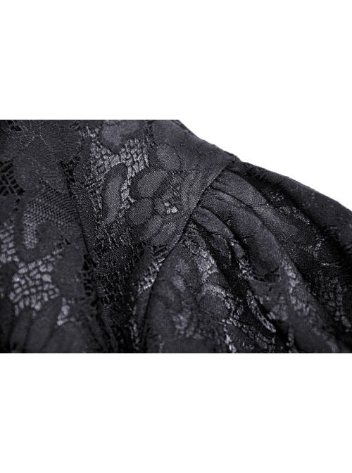 Black Gothic Retro Ruffle Neck Decorative Pattern Puff-Lace-Sleeves Brief Cape