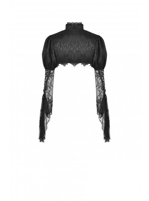 Black Gothic Retro Ruffle Neck Decorative Pattern Puff-Lace-Sleeves Brief Cape