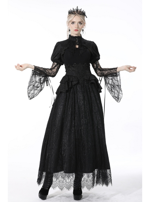 Black Gothic Retro Ruffle Neck Decorative Pattern Puff-Lace-Sleeves Brief Cape