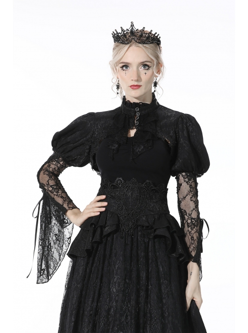 Black Gothic Retro Ruffle Neck Decorative Pattern Puff-Lace-Sleeves Brief Cape