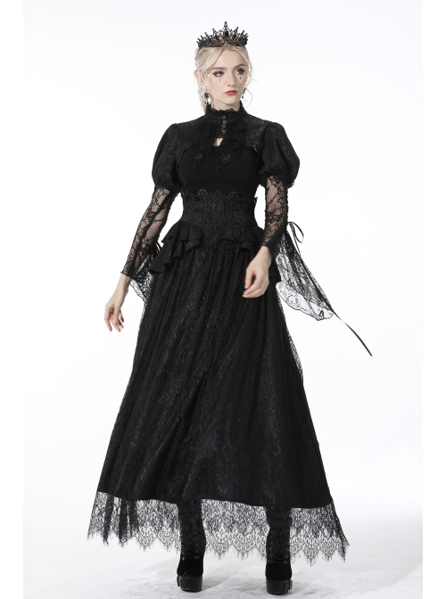 Black Gothic Retro Ruffle Neck Decorative Pattern Puff-Lace-Sleeves Brief Cape