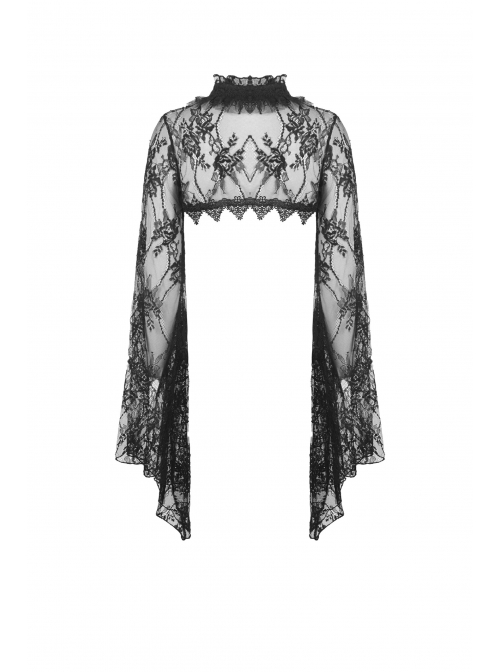 Gothic Pattern Decoration Butterfly Button Sexy Transparent Lace Bell Sleeves Black Cape