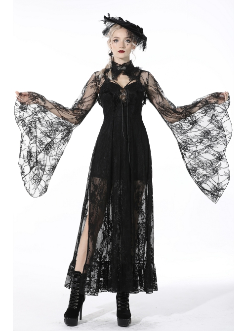 Gothic Pattern Decoration Butterfly Button Sexy Transparent Lace Bell Sleeves Black Cape