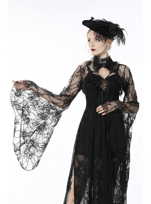 Gothic Pattern Decoration Butterfly Button Sexy Transparent Lace Bell Sleeves Black Cape