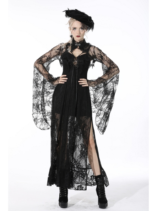 Gothic Pattern Decoration Butterfly Button Sexy Transparent Lace Bell Sleeves Black Cape
