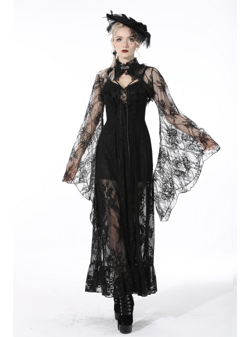 Gothic Pattern Decoration Butterfly Button Sexy Transparent Lace Bell Sleeves Black Cape