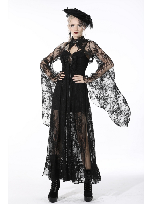 Gothic Pattern Decoration Butterfly Button Sexy Transparent Lace Bell Sleeves Black Cape