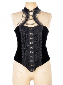 Black Gothic Button Decoration Strap Design Velvet Corset With Cord And Lace Aroundneck