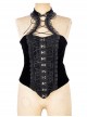Black Gothic Button Decoration Strap Design Velvet Corset With Cord And Lace Aroundneck