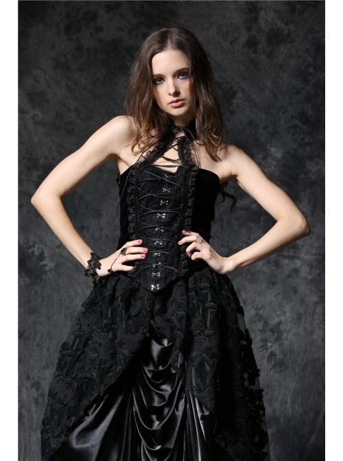 Black Gothic Button Decoration Strap Design Velvet Corset With Cord And Lace Aroundneck
