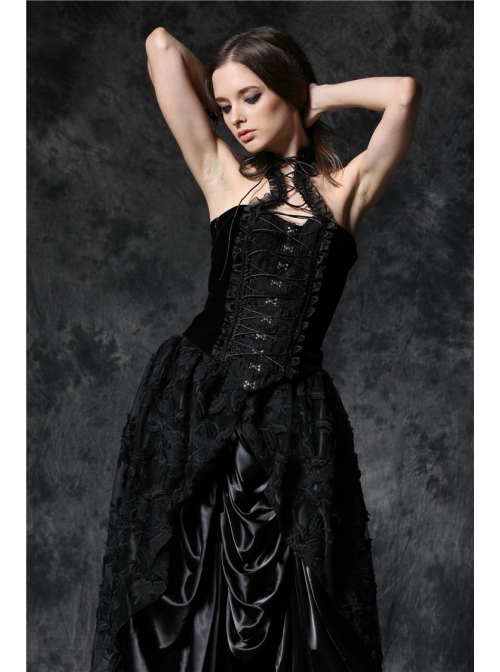 Black Gothic Button Decoration Strap Design Velvet Corset With Cord And Lace Aroundneck