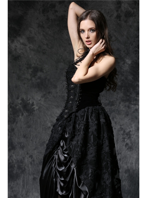 Black Gothic Button Decoration Strap Design Velvet Corset With Cord And Lace Aroundneck