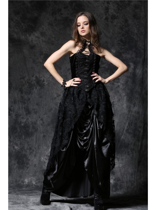 Black Gothic Button Decoration Strap Design Velvet Corset With Cord And Lace Aroundneck