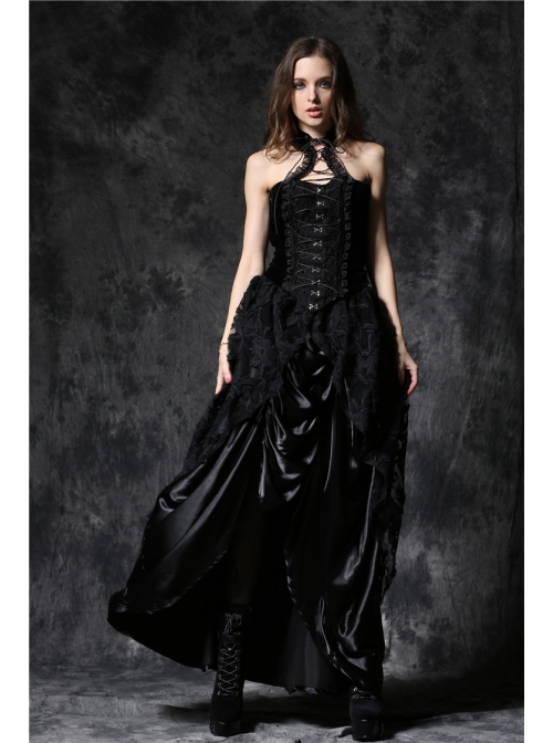 Black Gothic Button Decoration Strap Design Velvet Corset With Cord And Lace Aroundneck