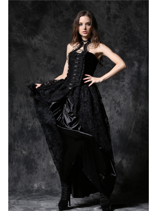Black Gothic Button Decoration Strap Design Velvet Corset With Cord And Lace Aroundneck
