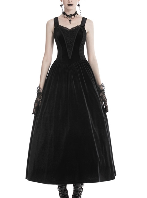 Black Gothic Lace Decoration Luxe Embroiders Women Sleeveless Fluff Strap Dress