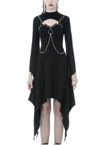 Black Punk Button Decoration Chain Design Long Sleeves Irregular Female Dress