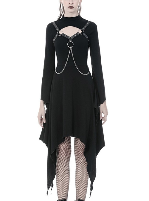 Black Punk Button Decoration Chain Design Long Sleeves Irregular Female Dress