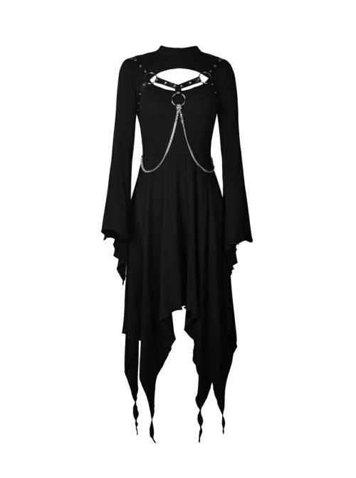 Black Punk Button Decoration Chain Design Long Sleeves Irregular Female Dress