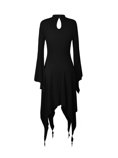 Black Punk Button Decoration Chain Design Long Sleeves Irregular Female Dress