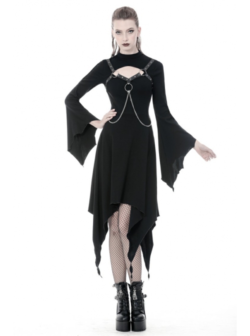 Black Punk Button Decoration Chain Design Long Sleeves Irregular Female Dress