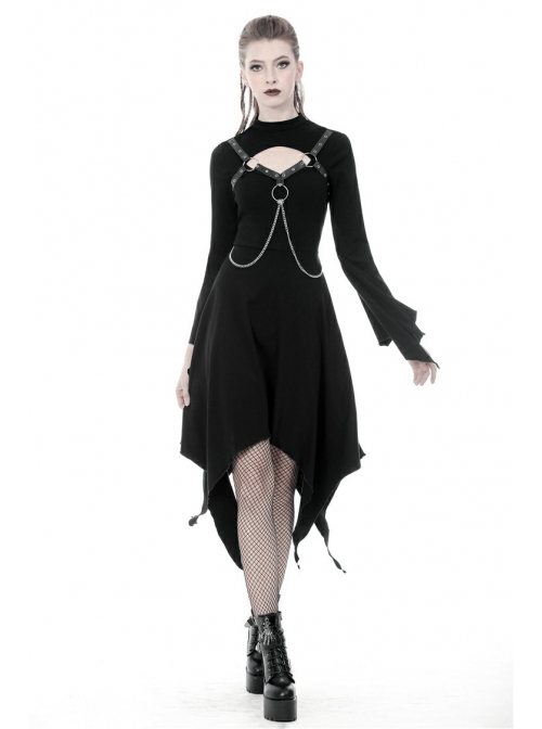 Black Punk Button Decoration Chain Design Long Sleeves Irregular Female Dress