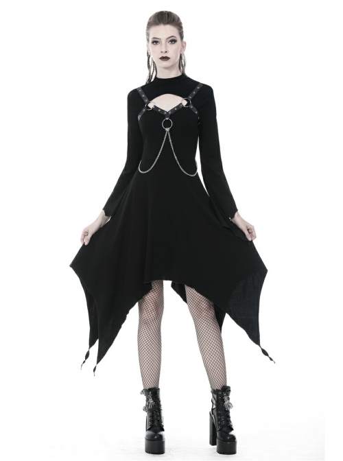 Black Punk Button Decoration Chain Design Long Sleeves Irregular Female Dress