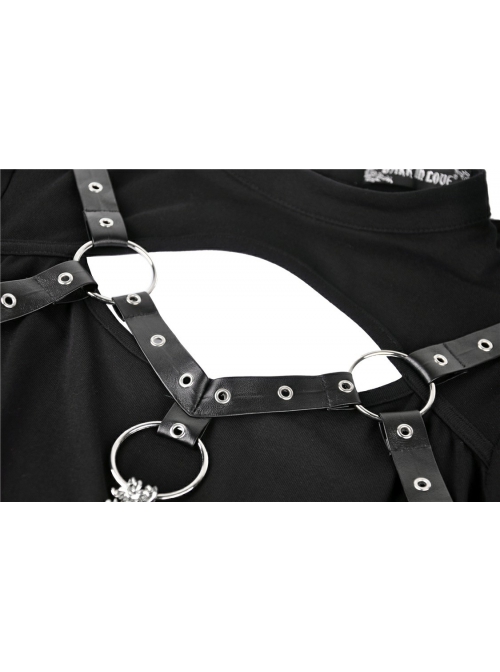 Black Punk Button Decoration Chain Design Long Sleeves Irregular Female Dress