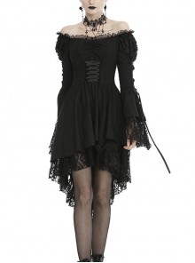 Gothic Lace Decorative Straps Puff Long Sleeves Cocktail Black Dress