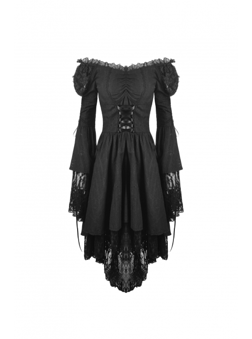 Gothic Lace Decorative Straps Puff Long Sleeves Cocktail Black Dress ...