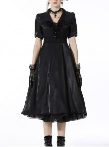 Glamorous Sparkling Queen Pearl Button Decoration Short Sleeve Lace Lapel Black Party Dress