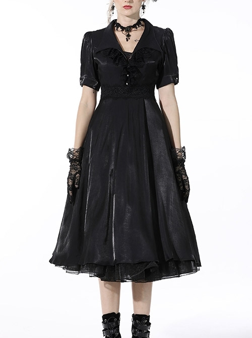 Glamorous Sparkling Queen Pearl Button Decoration Short Sleeve Lace Lapel Black Party Dress