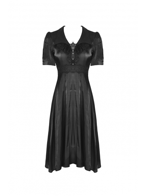 Glamorous Sparkling Queen Pearl Button Decoration Short Sleeve Lace Lapel Black Party Dress