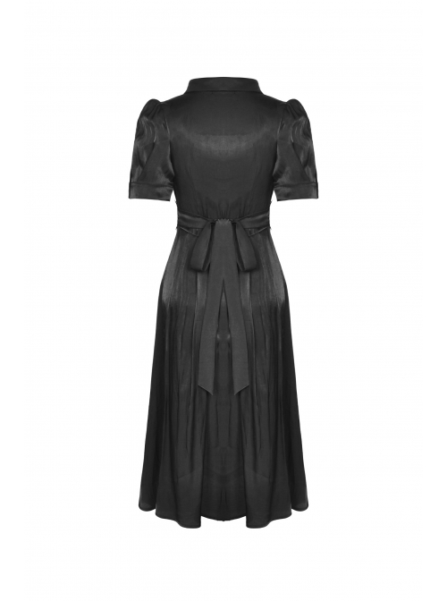 Glamorous Sparkling Queen Pearl Button Decoration Short Sleeve Lace Lapel Black Party Dress