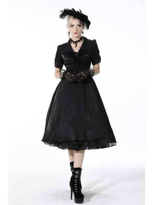 Glamorous Sparkling Queen Pearl Button Decoration Short Sleeve Lace Lapel Black Party Dress
