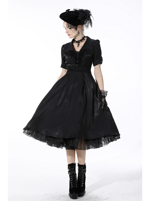 Glamorous Sparkling Queen Pearl Button Decoration Short Sleeve Lace Lapel Black Party Dress