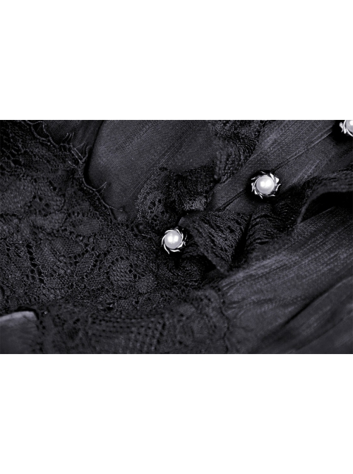 Glamorous Sparkling Queen Pearl Button Decoration Short Sleeve Lace Lapel Black Party Dress