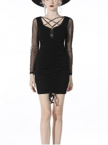 Street Fashion Lace Decoration Up  Chest Drawstring Design Transparent Long Sleeve Black Slim Dress