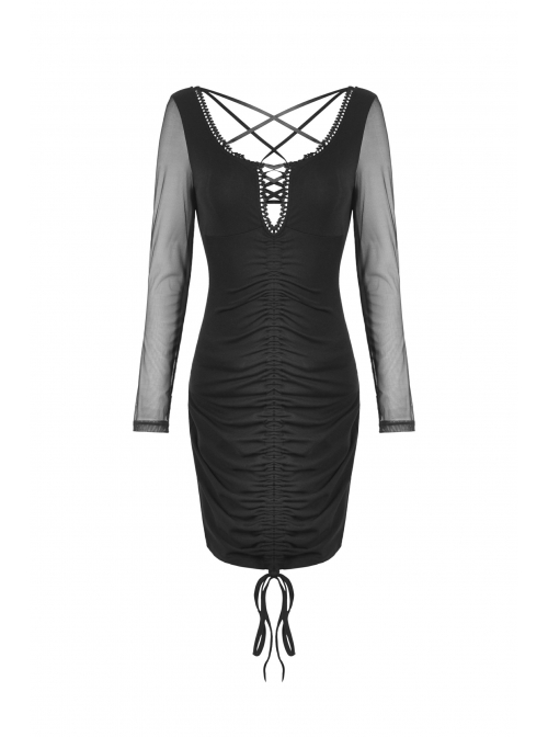 Street Fashion Lace Decoration Up  Chest Drawstring Design Transparent Long Sleeve Black Slim Dress