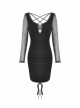 Street Fashion Lace Decoration Up  Chest Drawstring Design Transparent Long Sleeve Black Slim Dress